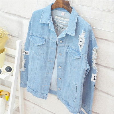 Danjeaner Where is My Mind? Korea Retro Washing Frayed Embroidery Letter Patch Bomber Jacket Blue Ripped Distressed Denim Coats