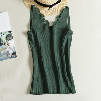 Sexy Women Lace Camisole Splicing Double V-neck Vest Plain Slim Sling Camis Solid Colors