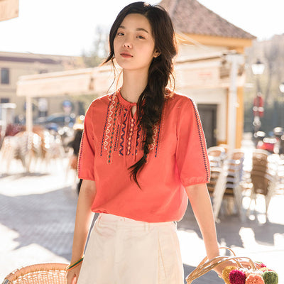 INMAN 2019 Summer Half Sleeve Vintage Wave Round Neck Embroidered Cotton Shirt Blouse