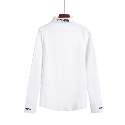 fashion Letter embroidery Turtleneck Basic T Shirt Women Long Sleeve Tee Shirt Harajuku Casual Solid Tees For Female Autumn Tops