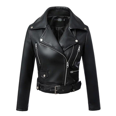 FTLZZ 2019 New Fashion Women Autumn Winter Black Faux Leather Jackets Zipper Basic Coat Turn-down Collar Biker Jacket With Blet