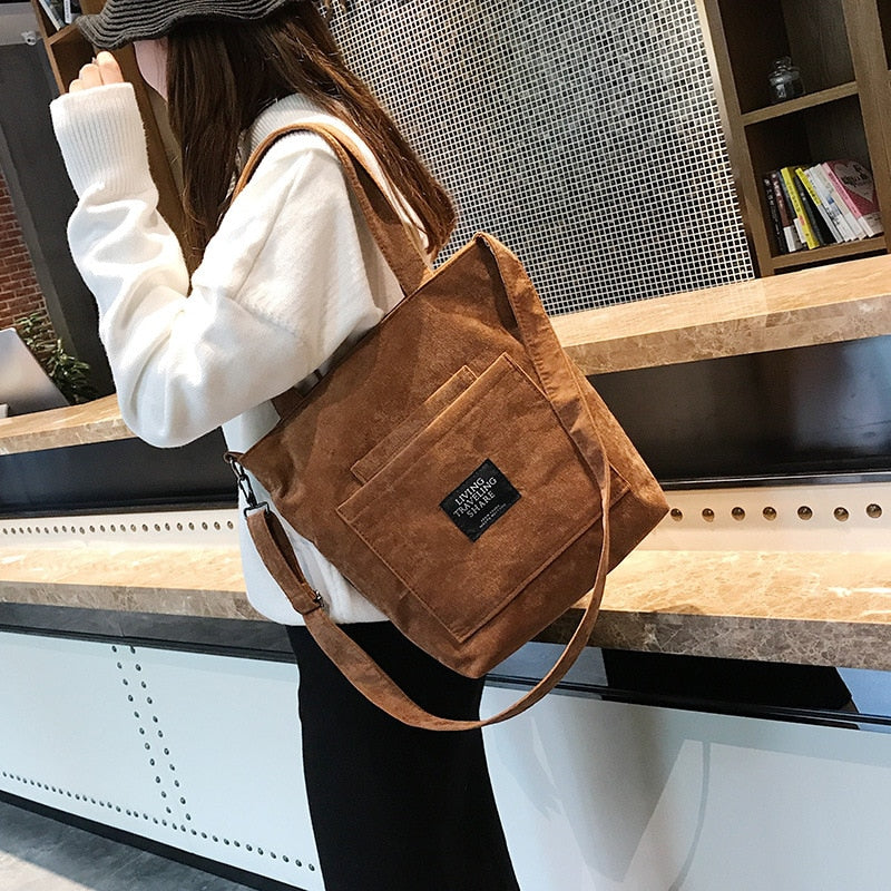 2019 Women Corduroy Zipper Shoulder Bag Cotton Canvas Handbag Casual Tote Female Eco Crossbody Bag Ladies Vintage Messenger Bags