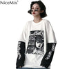 NiceMix Harajuku T-shirt Women Fake 2 Pieces Print Japanese Fujiang Horror Comics Long Sleeve Shirt Women Vetement Femme 2019