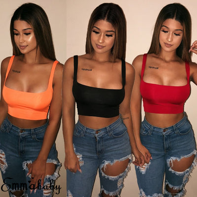 2019 Sexy Women Solid Strappy Tanks Vest Crop Top Summer Sleeveless Slash Neck Tanks Beach Women Sports Tank Tops