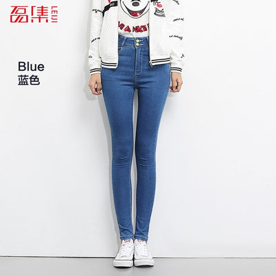 LEIJIJEANS 2019 Plus Size button fly women jeans High Waist black pants women high elastic Skinny pants Stretchy Women trousers