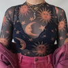 Sun Moon Printed Transparent Mesh Sexy T-Shirt Women O-Neck Long Sleeve Slim Basic Casual Female Tops 2019 Spring New