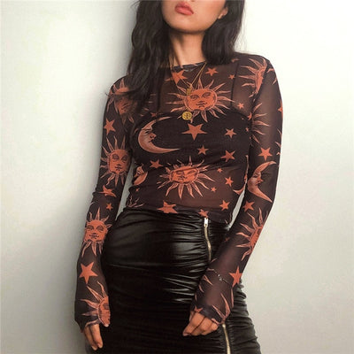 Sun Moon Printed Transparent Mesh Sexy T-Shirt Women O-Neck Long Sleeve Slim Basic Casual Female Tops 2019 Spring New