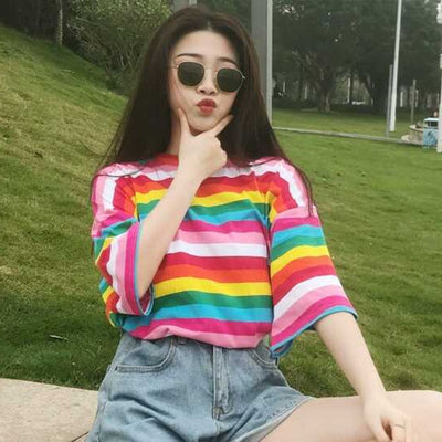 New T Shirt Women Rainbow Striped Tops Harajuku Tshirt 2018 Summer Short Sleeve Korean Punk T-shirt camiseta feminina T8