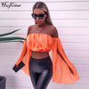 Hugcitar slash neck ruffles sexy crop tops 2019 summer women fashion solid chiffon pleated party neon orange holiday streetwear